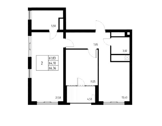 Квартира двухкомнатная 66,36 м2