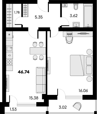 Квартира 2-х комнатная 45.94 м2